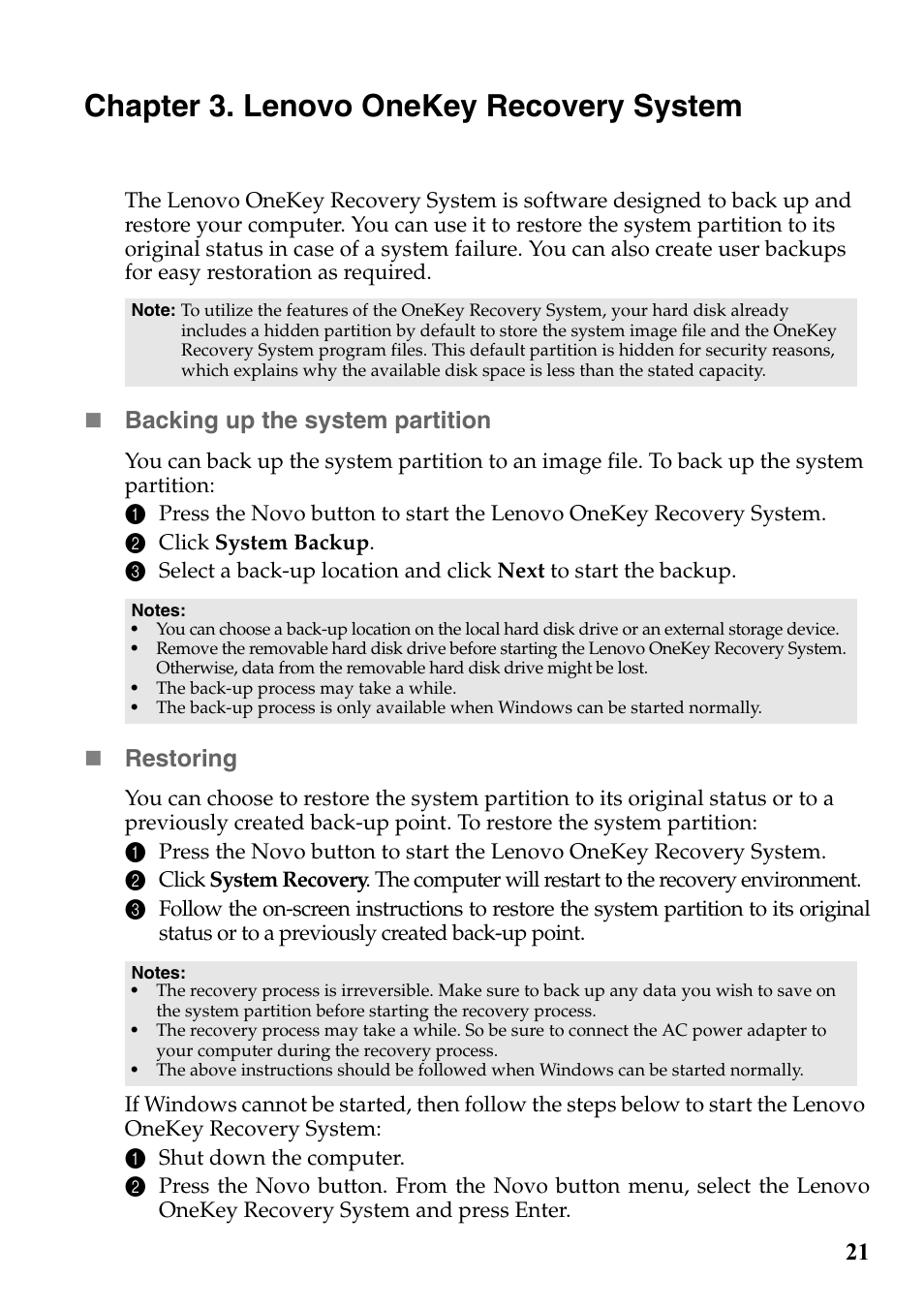 Chapter 3. lenovo onekey recovery system | Lenovo G700 Notebook User Manual | Page 25 / 46