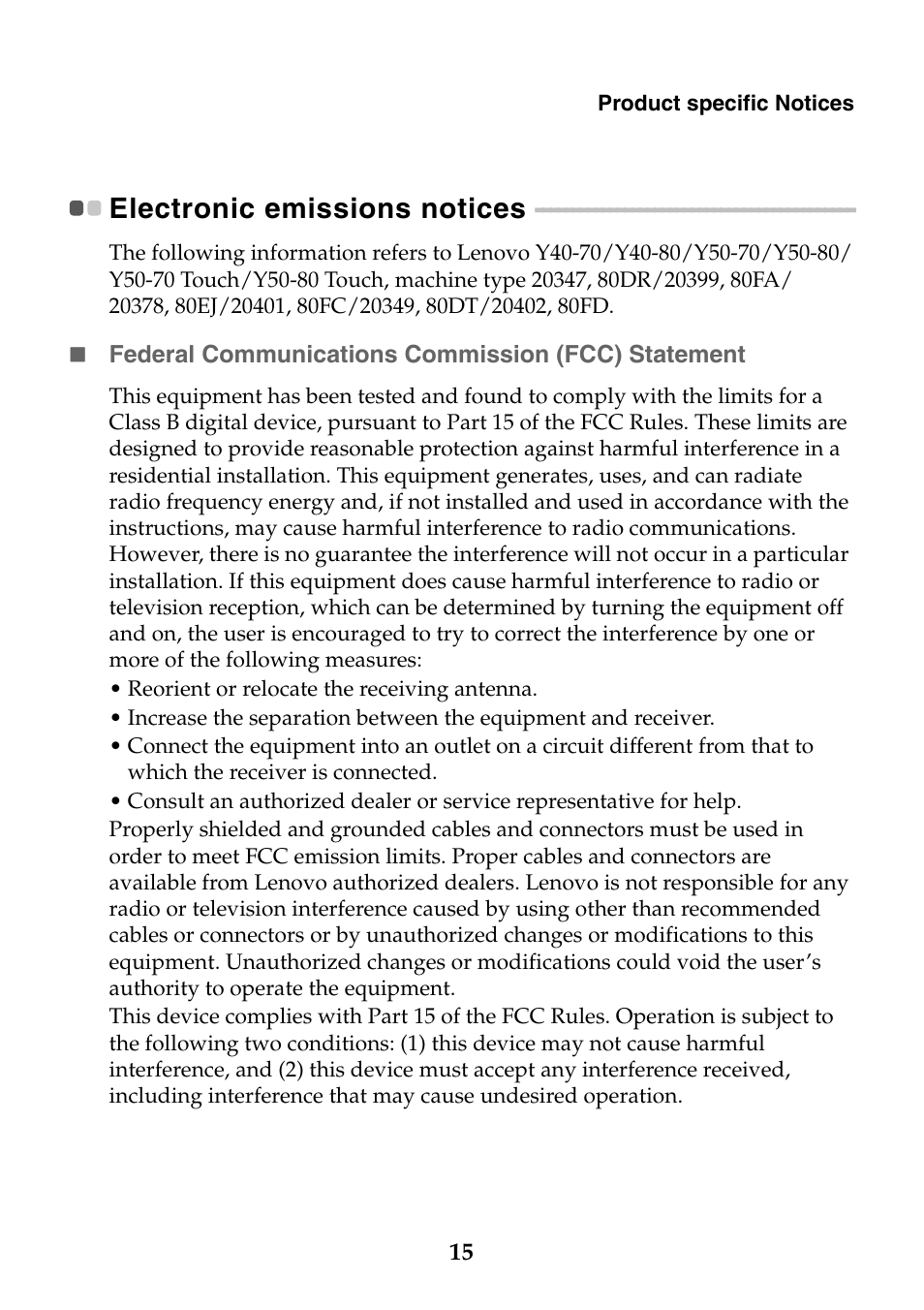 Electronic emissions notices | Lenovo Y40-70 User Manual | Page 15 / 21