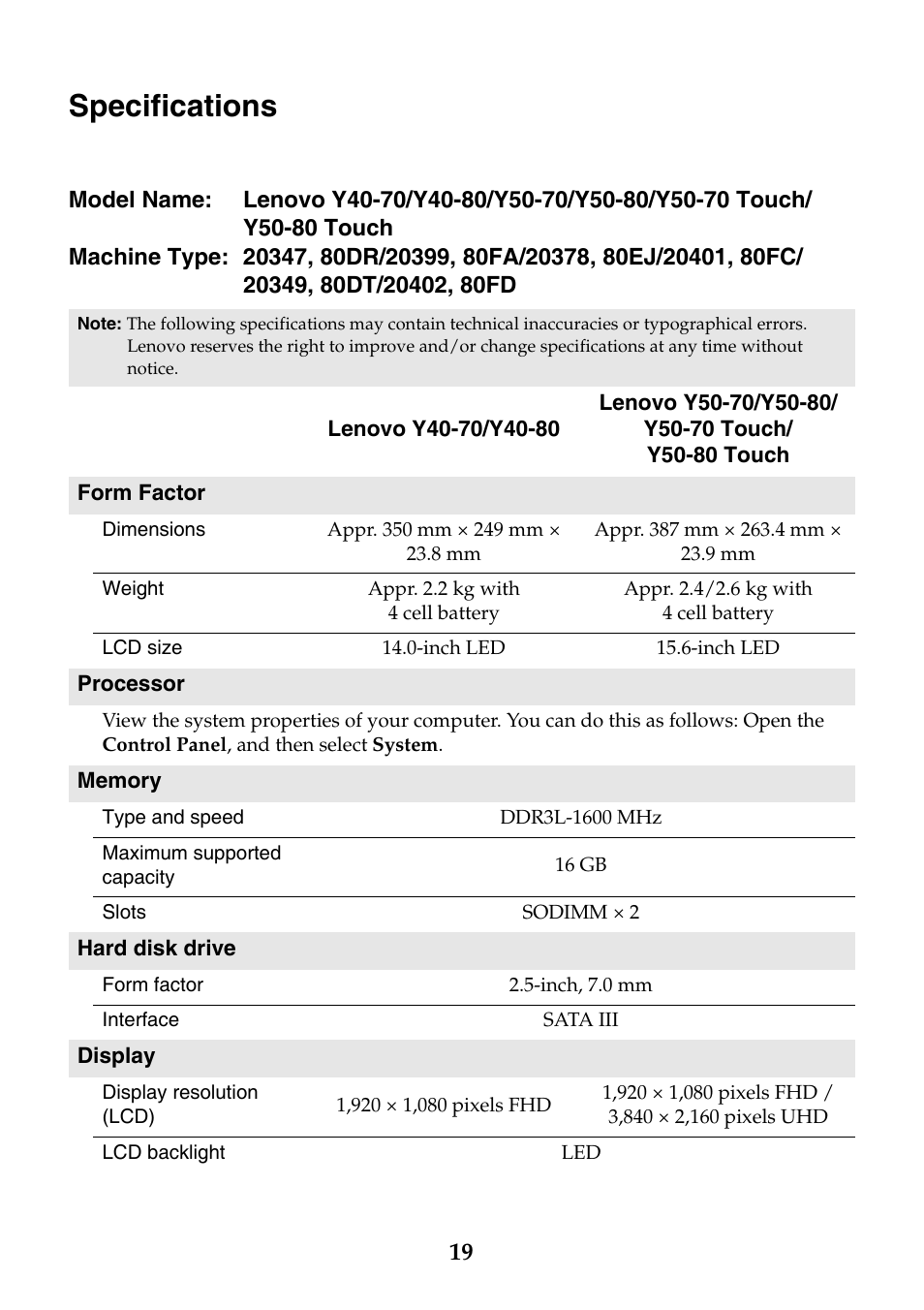 Specifications | Lenovo Y40-70 User Manual | Page 19 / 21