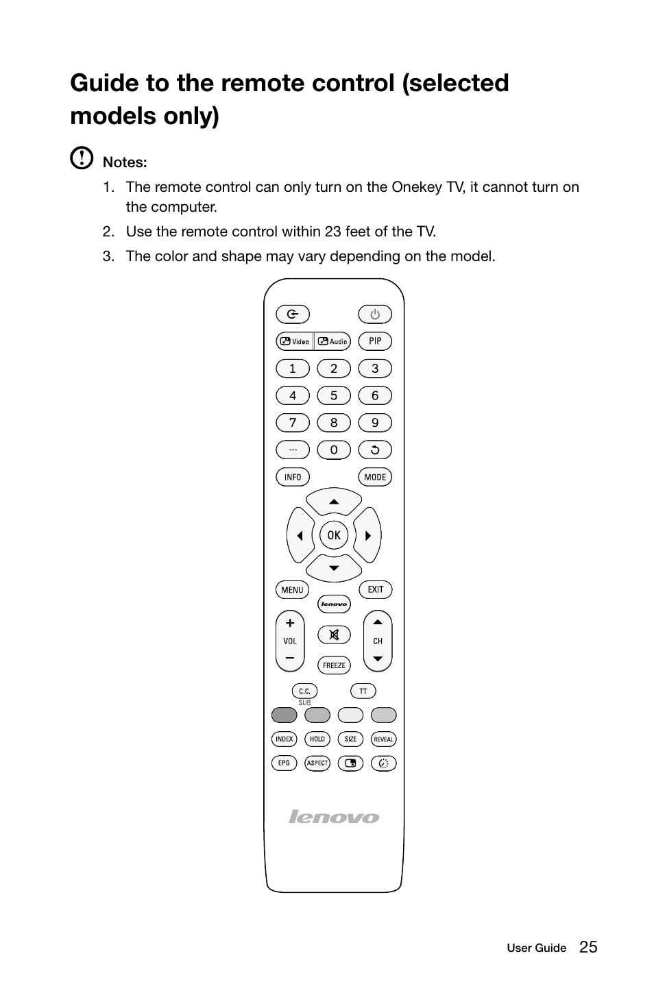 Guide to the remote control (selected models only) | Lenovo IdeaCentre B545 User Manual | Page 30 / 71