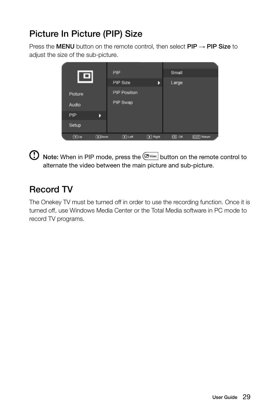 Picture in picture (pip) size, Record tv | Lenovo IdeaCentre B545 User Manual | Page 34 / 71