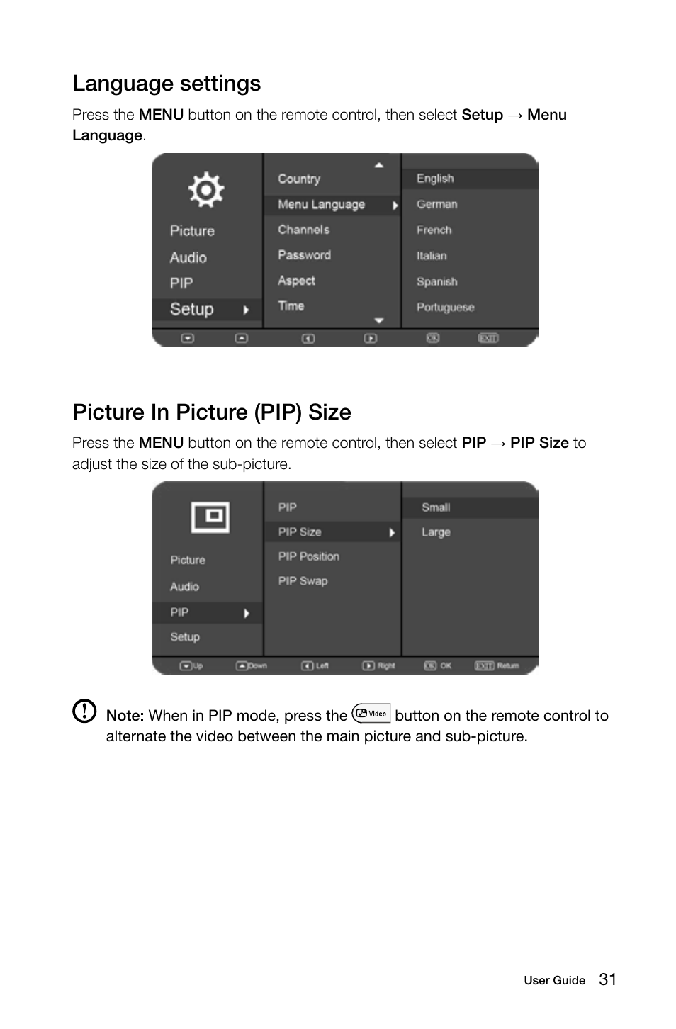 Language settings, Picture in picture (pip) size | Lenovo IdeaCentre B545 User Manual | Page 36 / 71