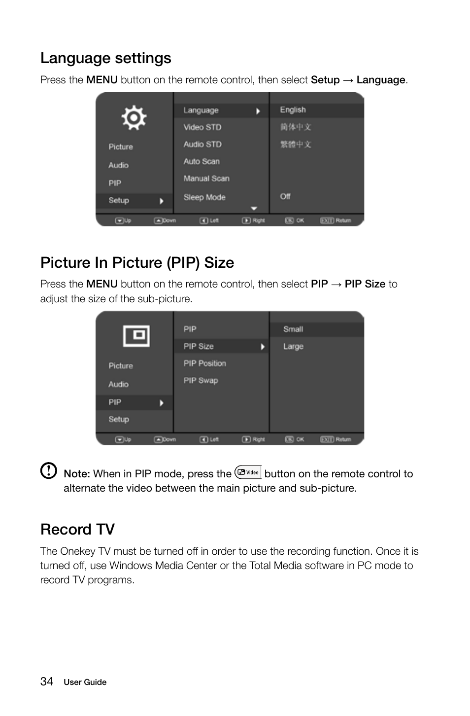 Language settings, Picture in picture (pip) size, Record tv | Lenovo IdeaCentre B545 User Manual | Page 39 / 71