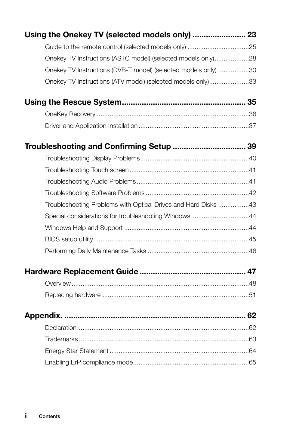 Using the onekey tv (selected models only), Using the rescue system, Troubleshooting and confirming setup | Hardware replacement guide, Appendix | Lenovo IdeaCentre B545 User Manual | Page 5 / 71