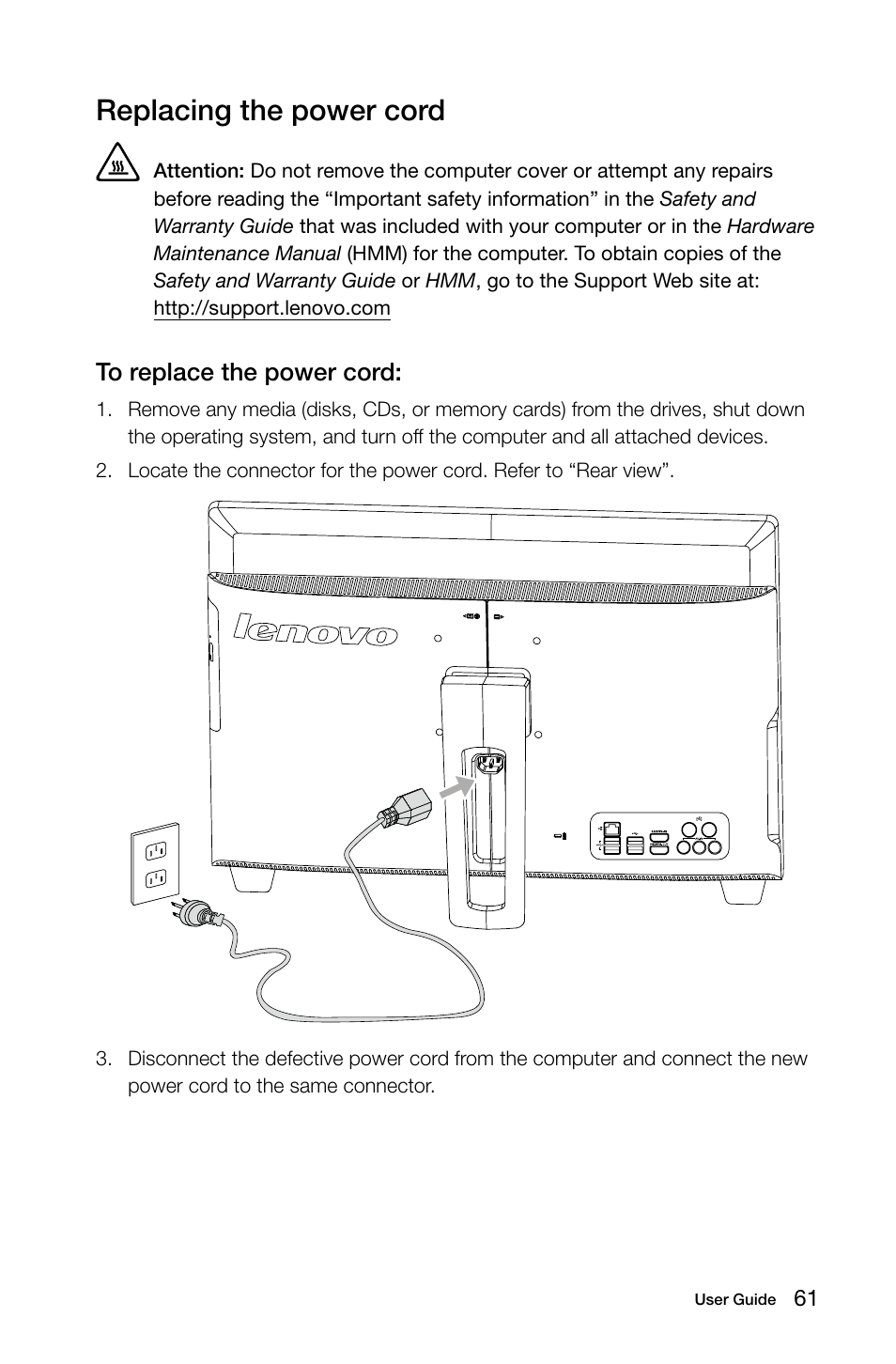 Replacing the power cord | Lenovo IdeaCentre B545 User Manual | Page 66 / 71