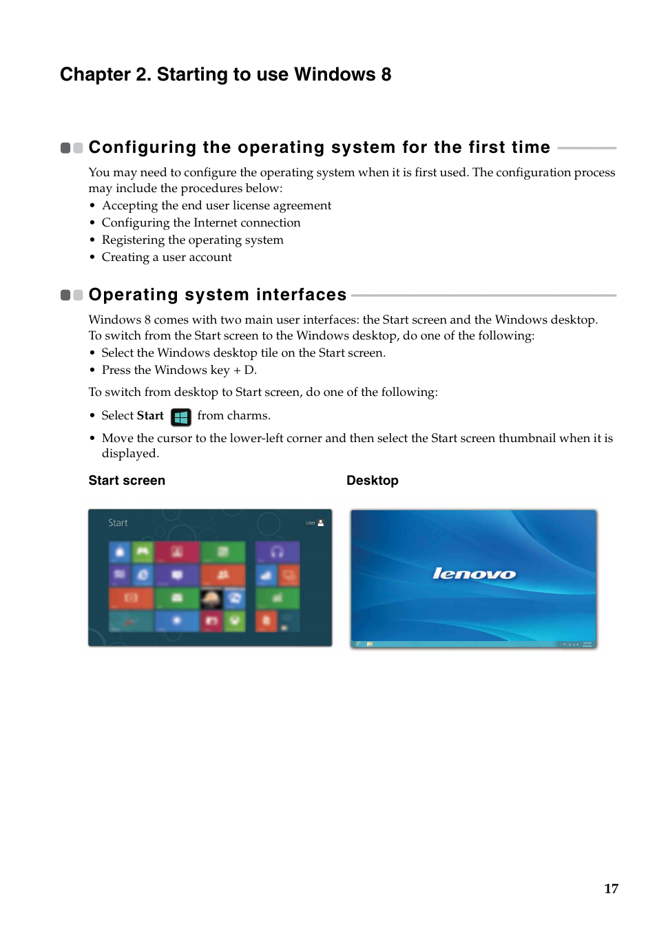 Chapter 2. starting to use windows 8, Operating system interfaces | Lenovo IdeaPad Y500 Notebook User Manual | Page 21 / 40