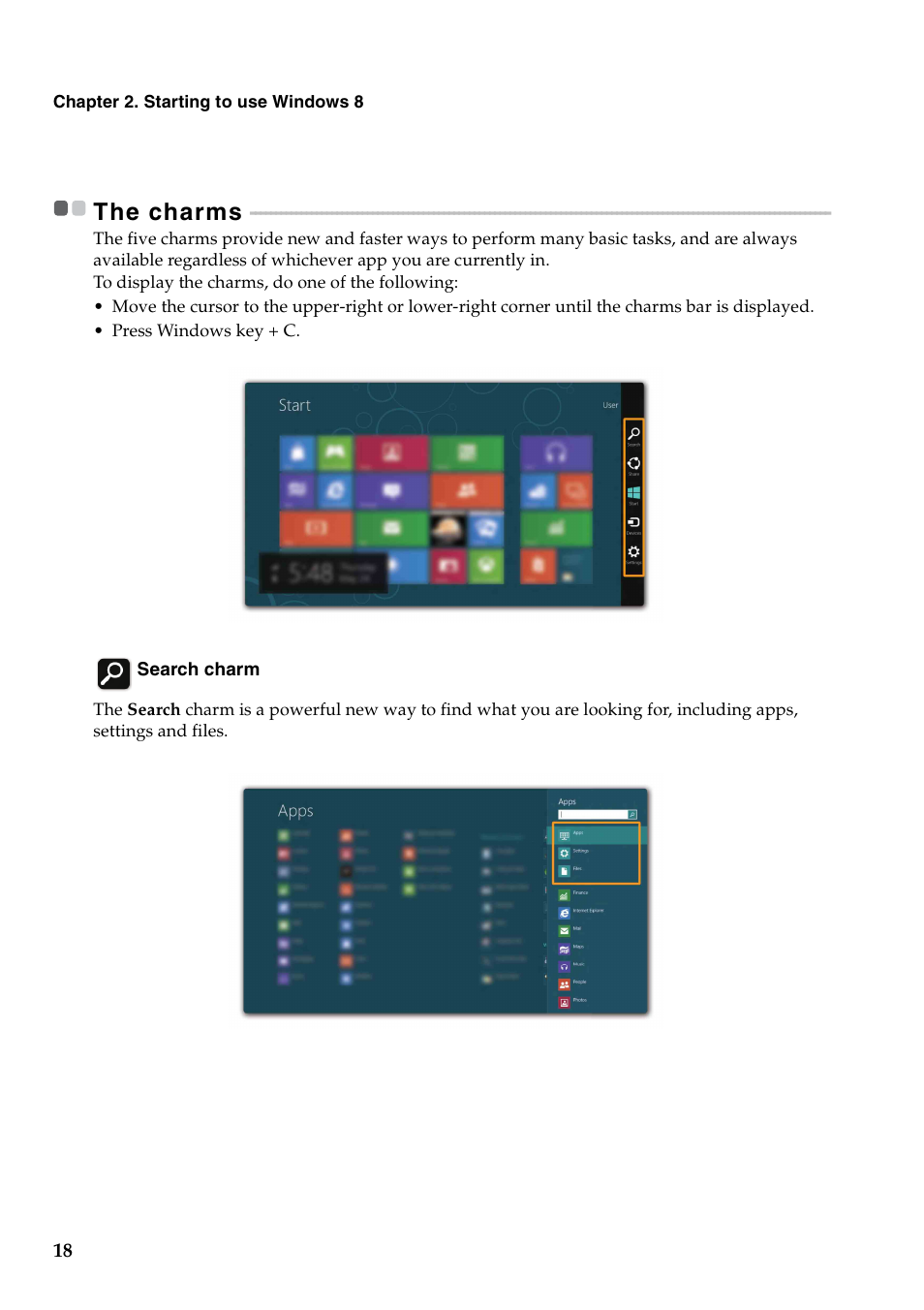 The charms | Lenovo IdeaPad Y500 Notebook User Manual | Page 22 / 40