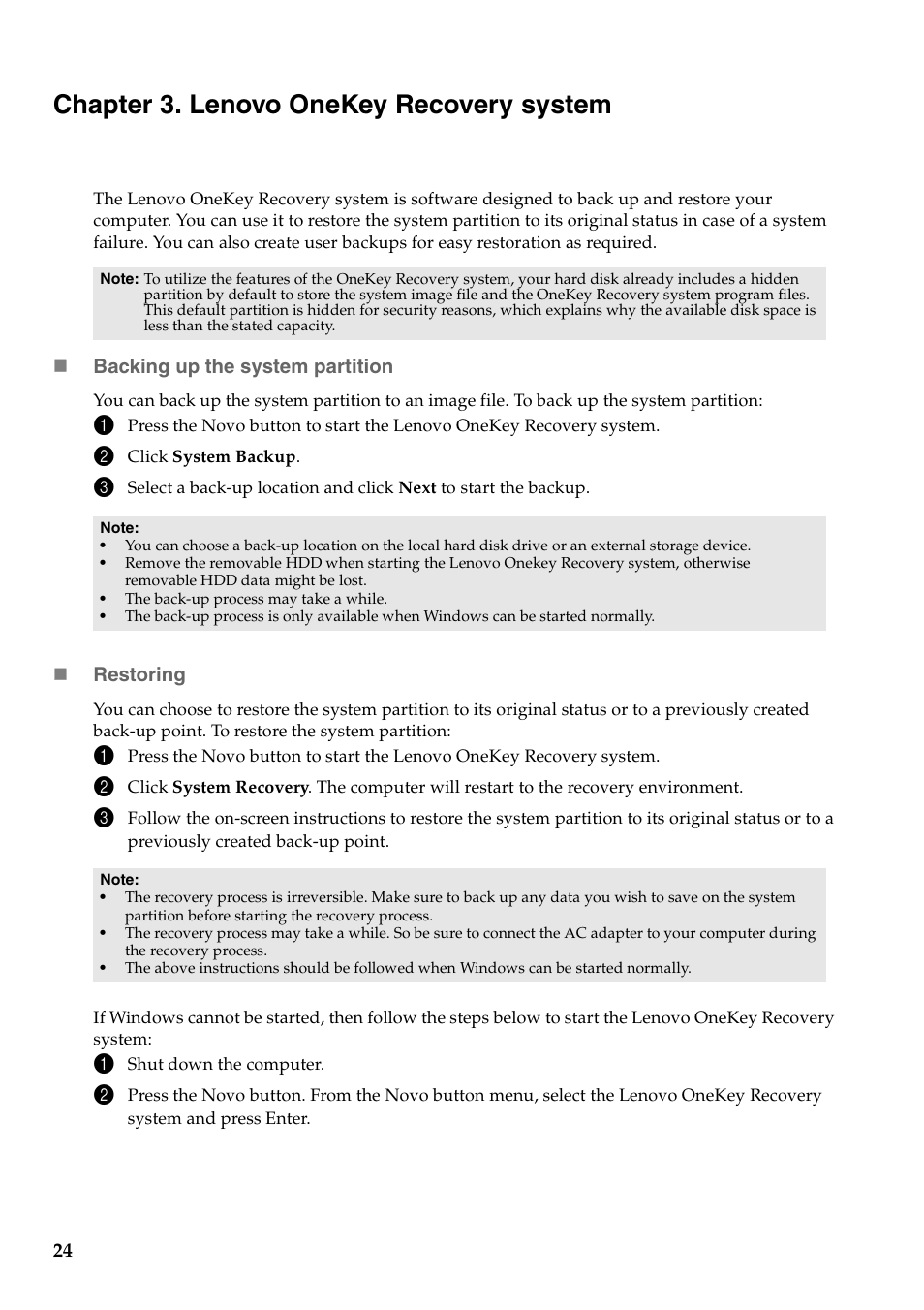 Chapter 3. lenovo onekey recovery system | Lenovo IdeaPad Y500 Notebook User Manual | Page 28 / 40