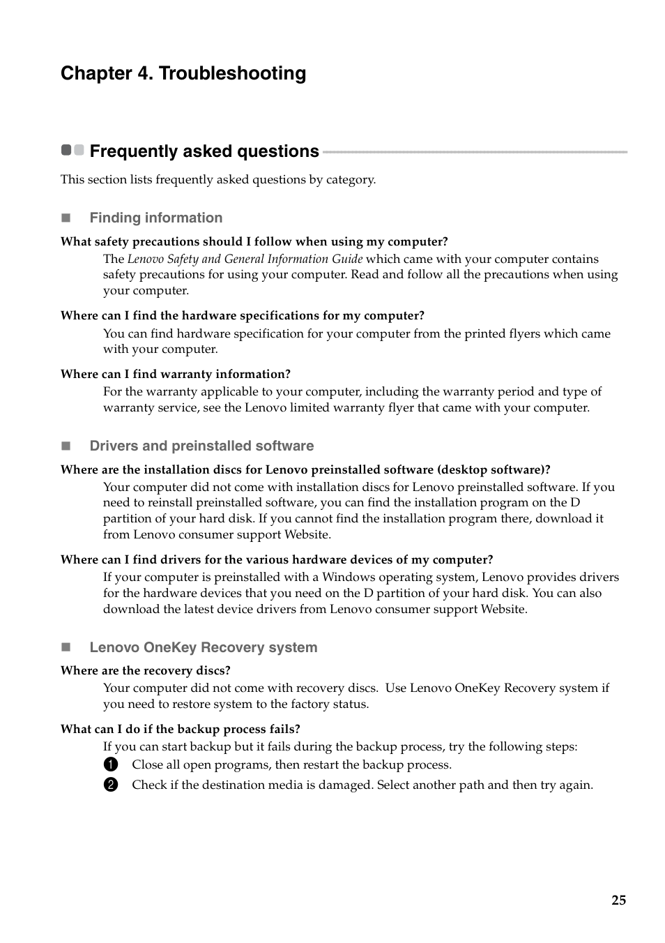Chapter 4. troubleshooting, Frequently asked questions | Lenovo IdeaPad Y500 Notebook User Manual | Page 29 / 40