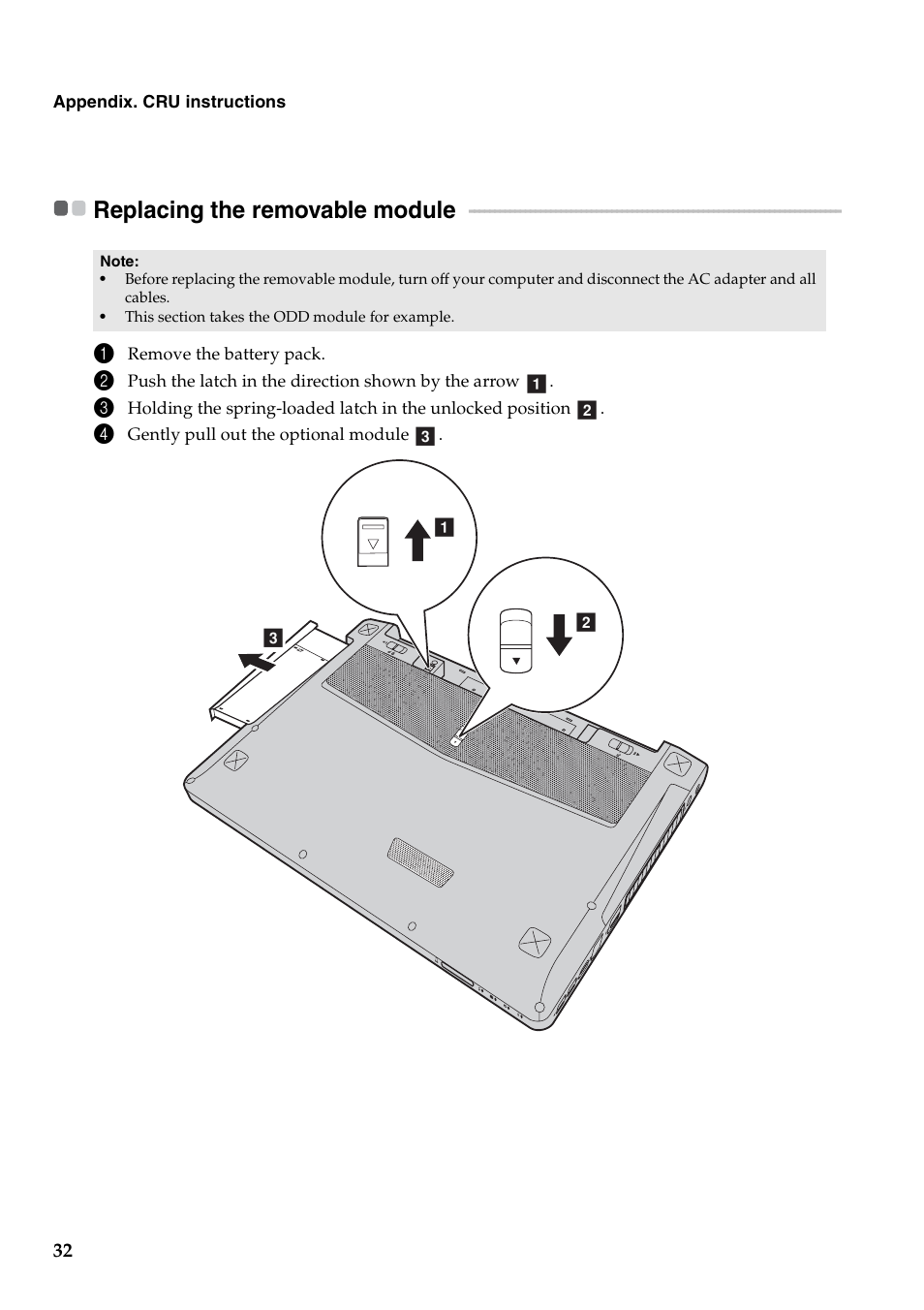 Replacing the removable module | Lenovo IdeaPad Y500 Notebook User Manual | Page 36 / 40