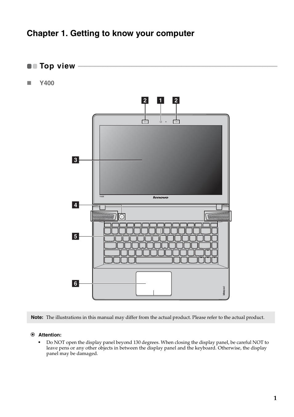 Chapter 1. getting to know your computer, Top view | Lenovo IdeaPad Y500 Notebook User Manual | Page 5 / 40