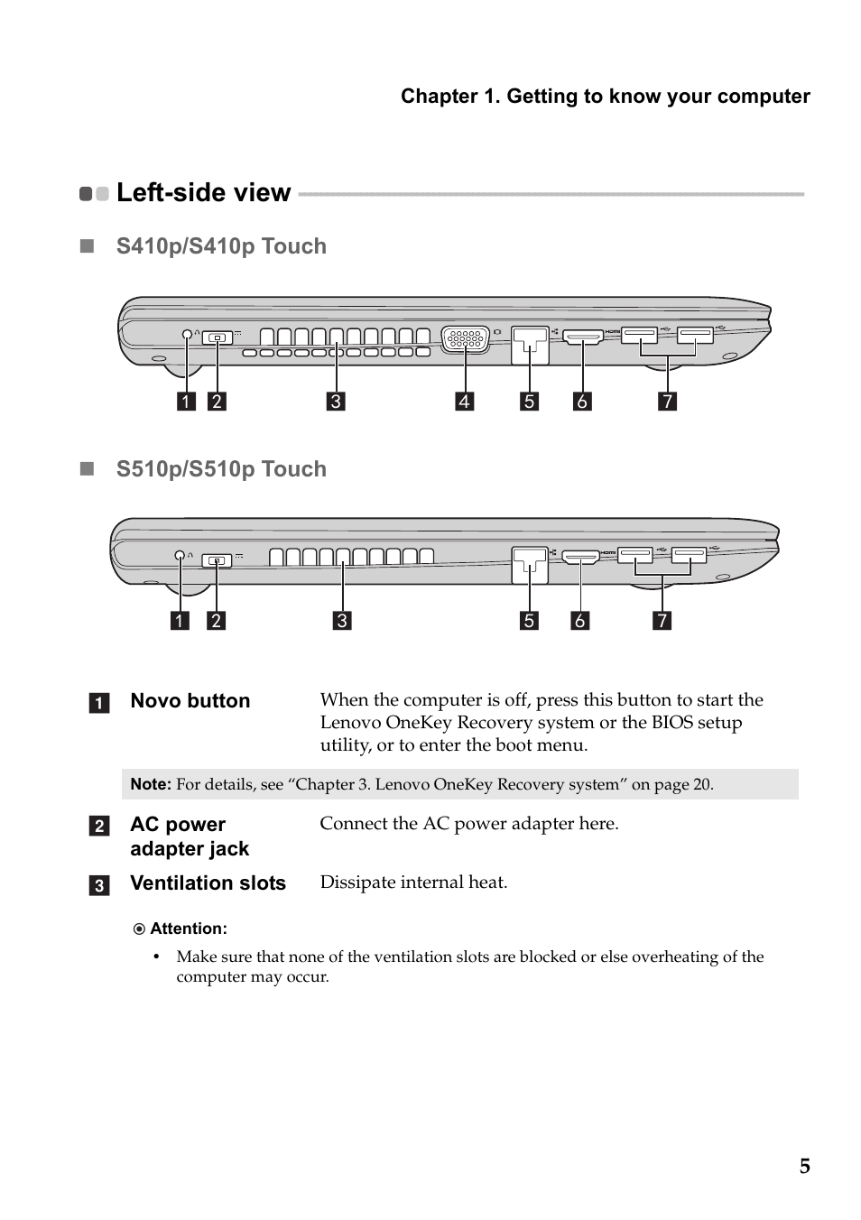 Left-side view, S410p/s410p touch, S510p/s510p touch | Lenovo IdeaPad S510p Touch Notebook User Manual | Page 11 / 45