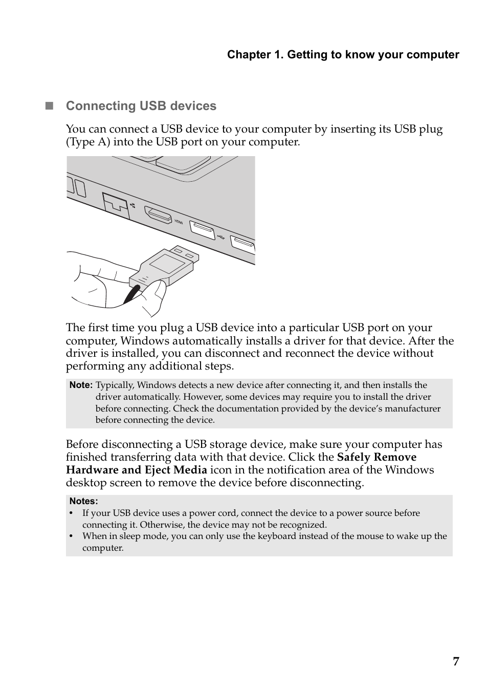 Connecting usb devices | Lenovo IdeaPad S510p Touch Notebook User Manual | Page 13 / 45