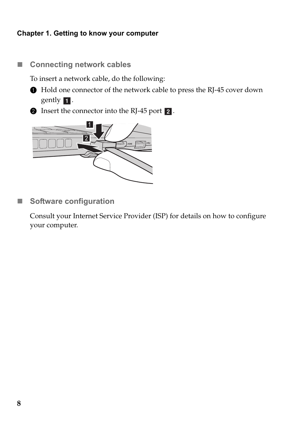 Connecting network cables, Software configuration | Lenovo IdeaPad S510p Touch Notebook User Manual | Page 14 / 45