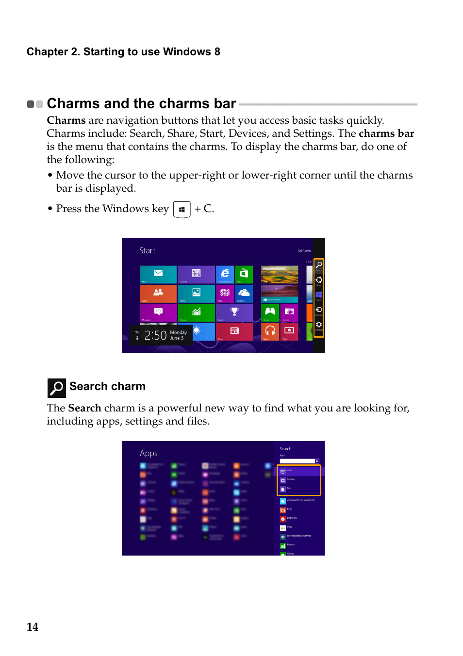 Charms and the charms bar | Lenovo IdeaPad S510p Touch Notebook User Manual | Page 20 / 45