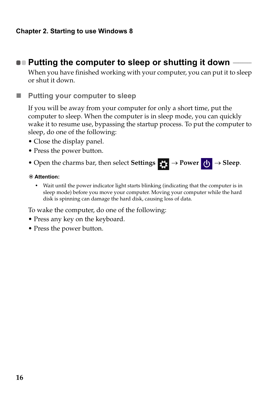 Putting the computer to sleep or shutting it down, Putting your computer to sleep | Lenovo IdeaPad S510p Touch Notebook User Manual | Page 22 / 45