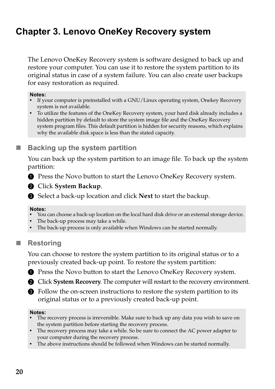 Chapter 3. lenovo onekey recovery system | Lenovo IdeaPad S510p Touch Notebook User Manual | Page 26 / 45