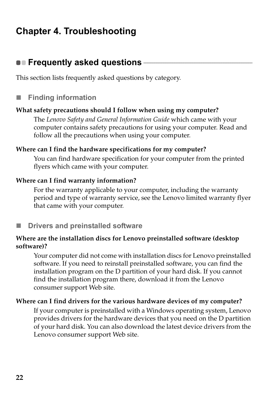 Chapter 4. troubleshooting, Frequently asked questions | Lenovo IdeaPad S510p Touch Notebook User Manual | Page 28 / 45