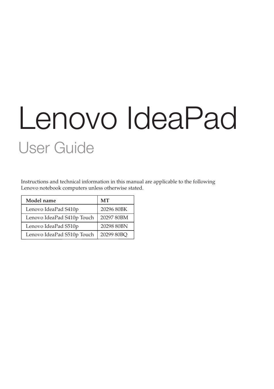 Lenovo ideapad, User guide | Lenovo IdeaPad S510p Touch Notebook User Manual | Page 3 / 45