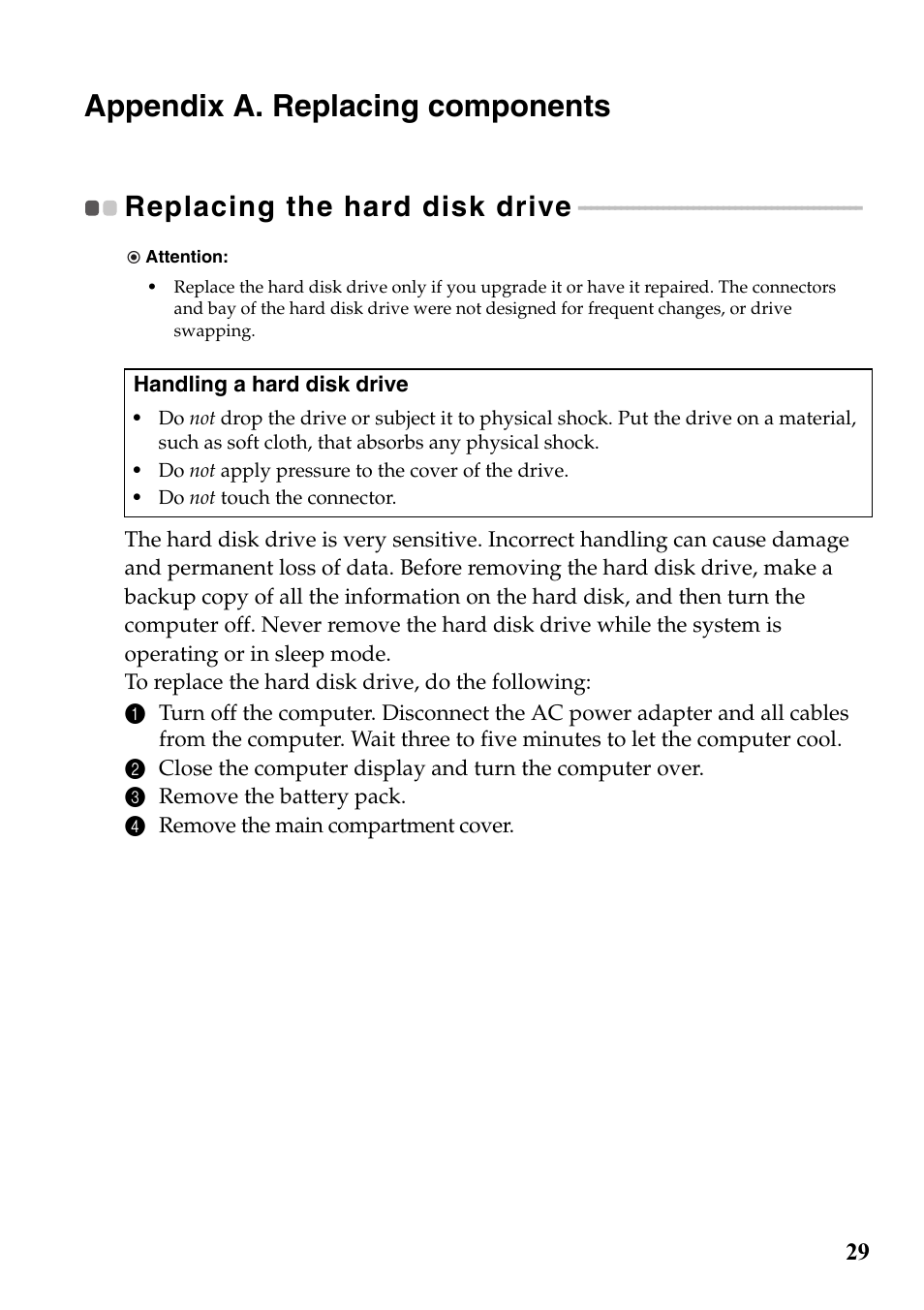 Appendix a. replacing components, Replacing the hard disk drive | Lenovo IdeaPad S510p Touch Notebook User Manual | Page 35 / 45