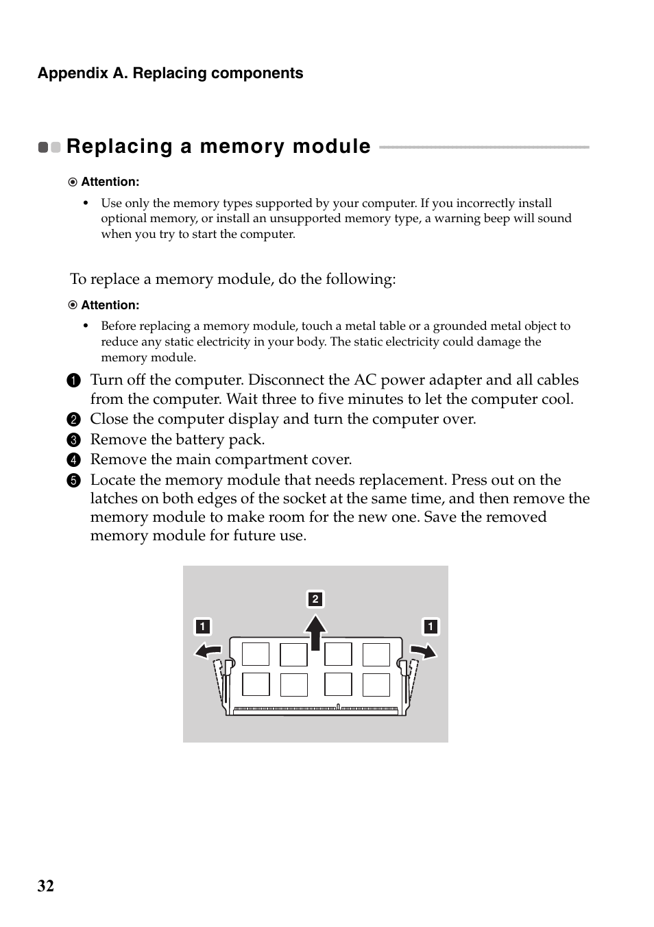 Replacing a memory module | Lenovo IdeaPad S510p Touch Notebook User Manual | Page 38 / 45