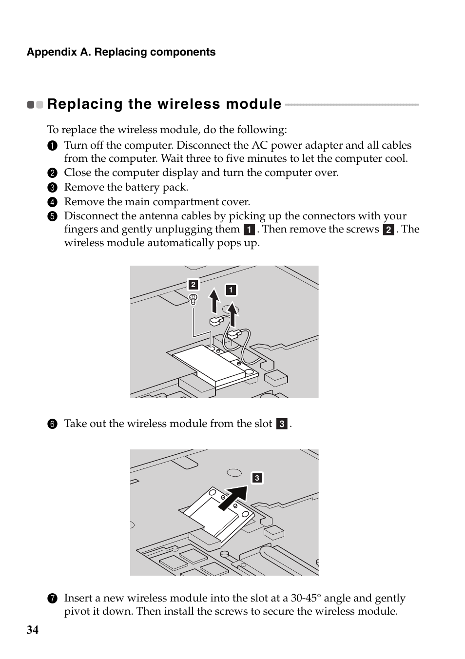 Replacing the wireless lan card, Replacing the wireless module | Lenovo IdeaPad S510p Touch Notebook User Manual | Page 40 / 45