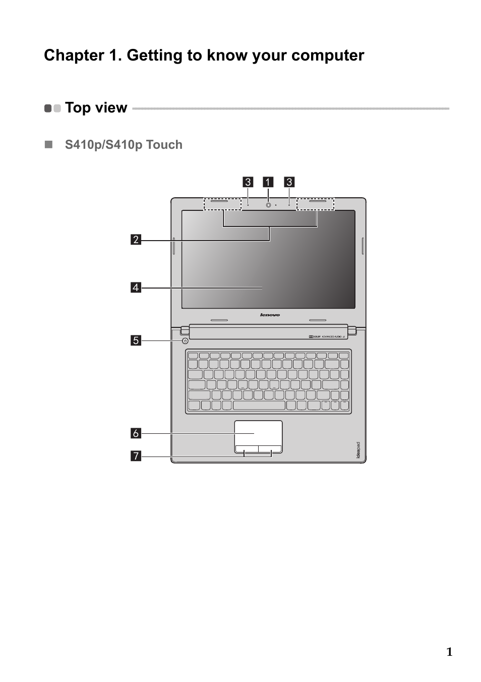 Chapter 1. getting to know your computer, Top view, S410p/s410p touch | Lenovo IdeaPad S510p Touch Notebook User Manual | Page 7 / 45