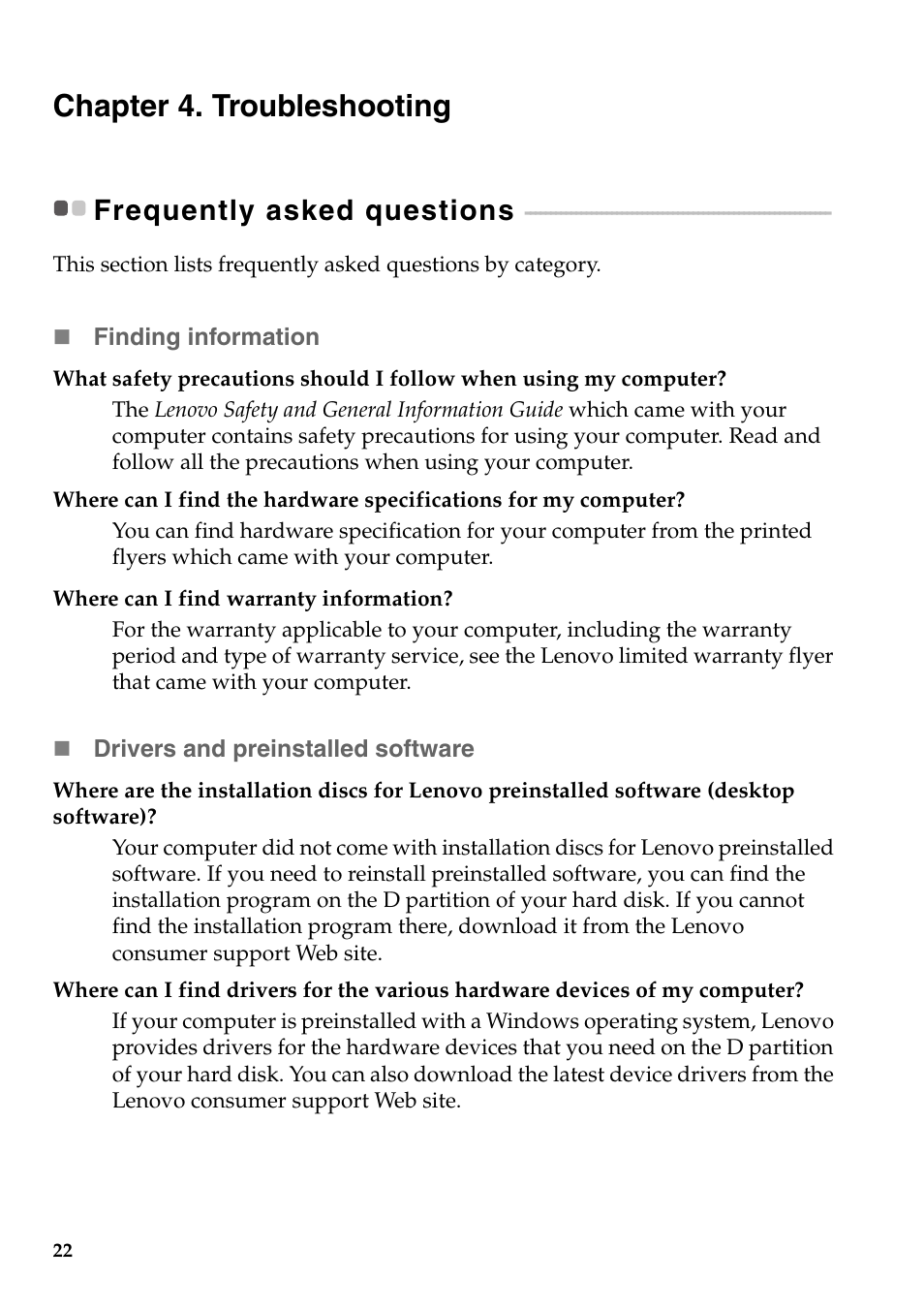 Chapter 4. troubleshooting, Frequently asked questions | Lenovo B5400 Notebook User Manual | Page 28 / 50