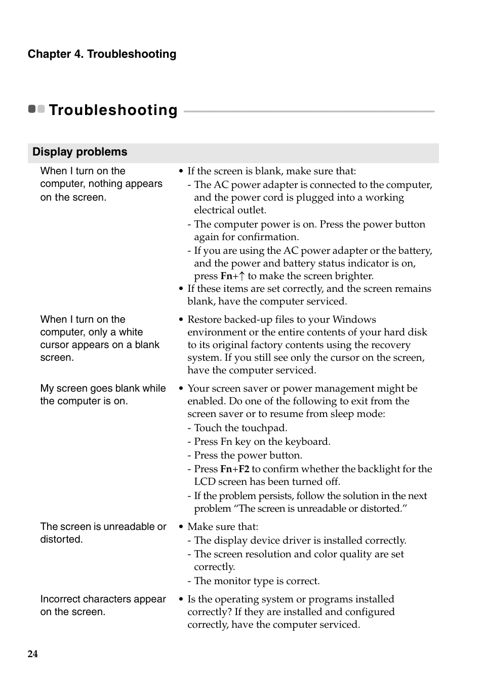 Troubleshooting | Lenovo B5400 Notebook User Manual | Page 30 / 50