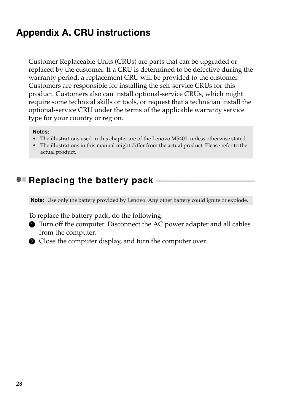 Appendix a. cru instructions, Replacing the battery pack | Lenovo B5400 Notebook User Manual | Page 34 / 50