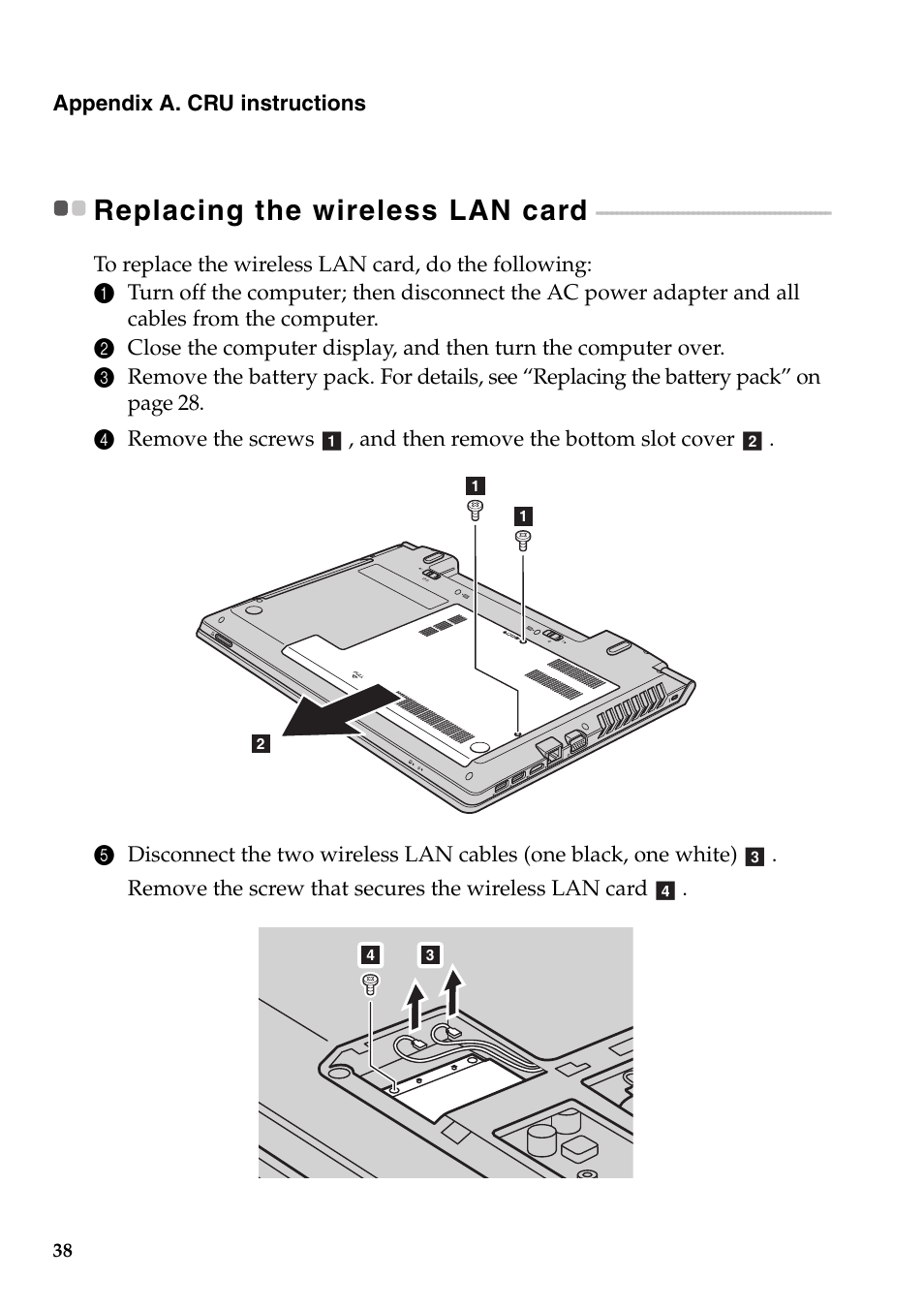 Replacing the wireless lan card | Lenovo B5400 Notebook User Manual | Page 44 / 50