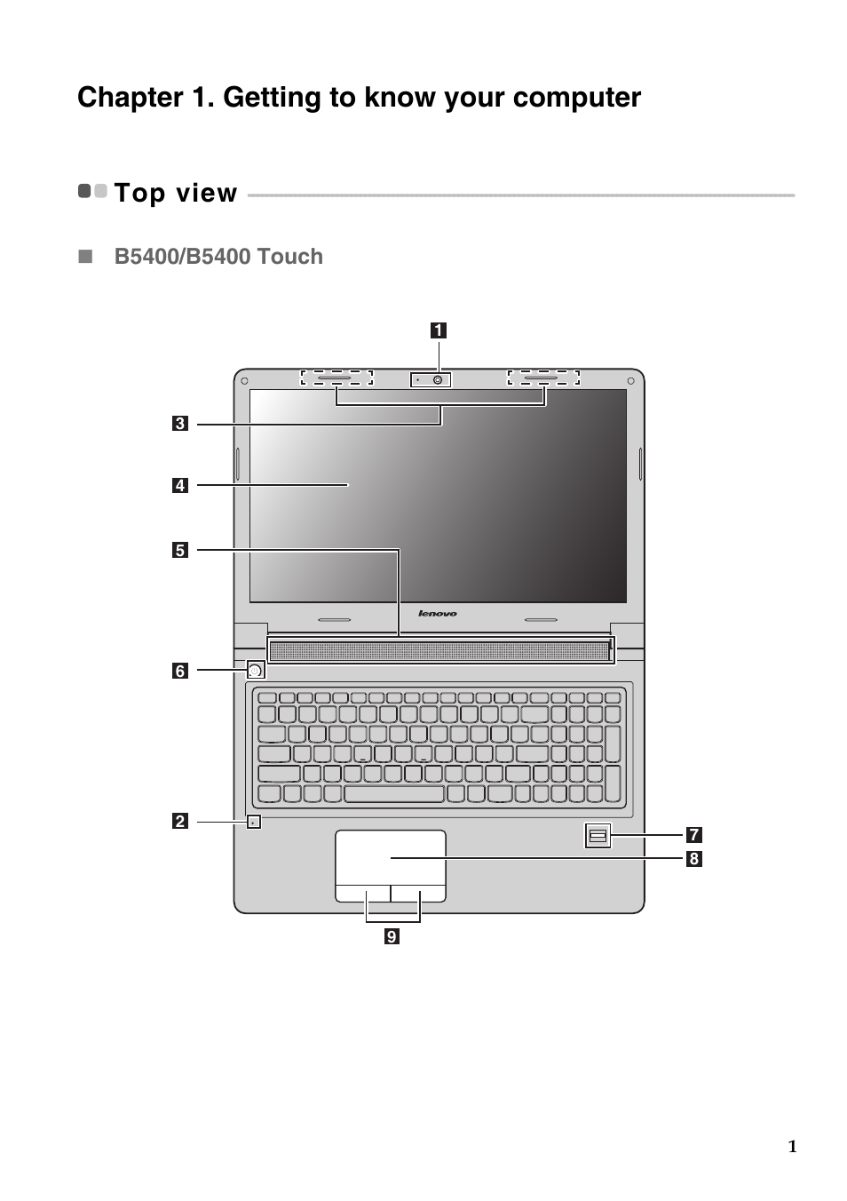 Chapter 1. getting to know your computer, Top view | Lenovo B5400 Notebook User Manual | Page 7 / 50