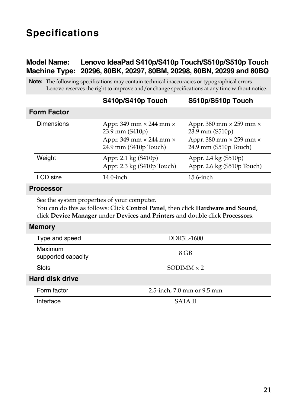 Specifications | Lenovo IdeaPad S410p Touch Notebook User Manual | Page 21 / 23