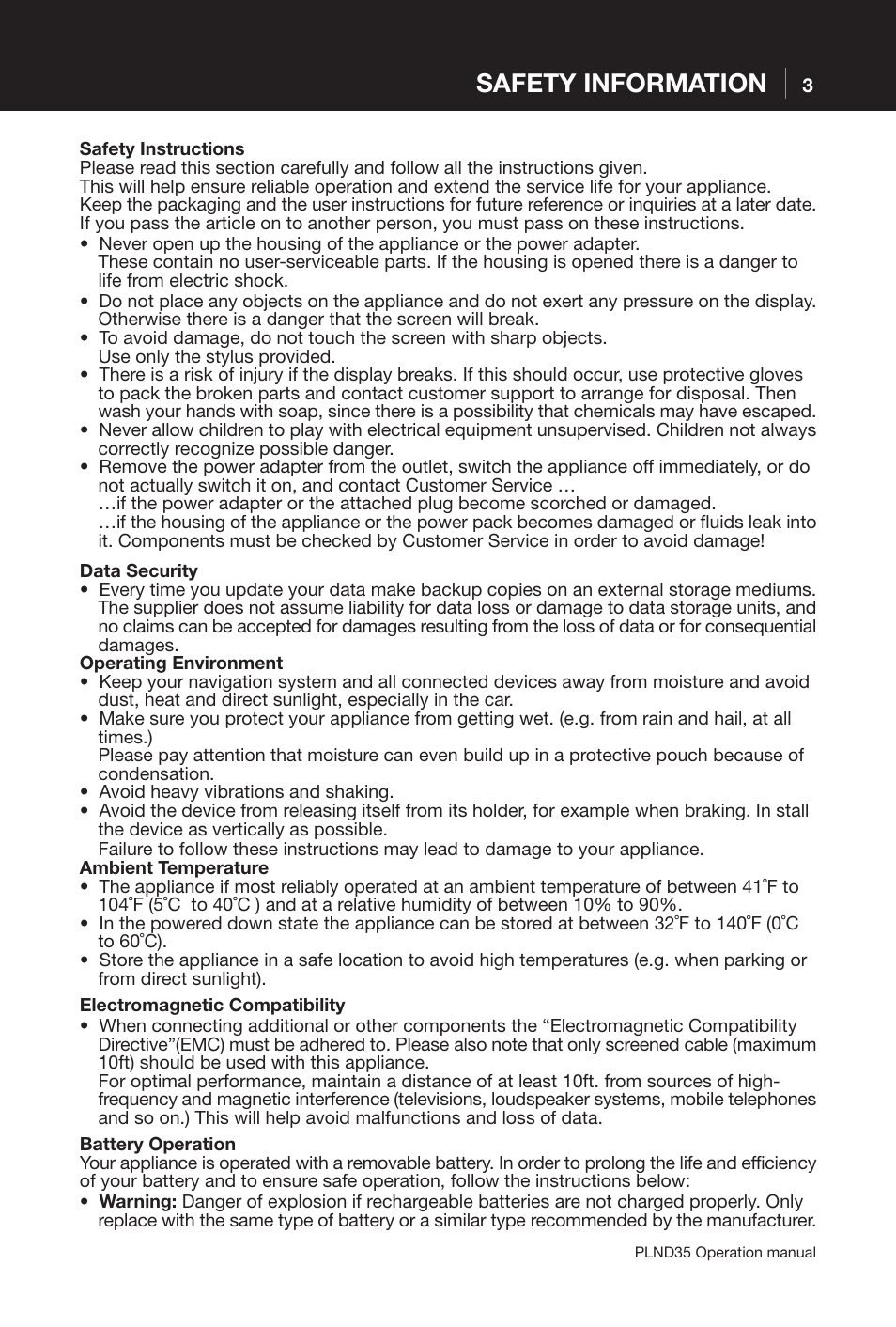 Safety information | Pyle PLND35 User Manual | Page 3 / 13