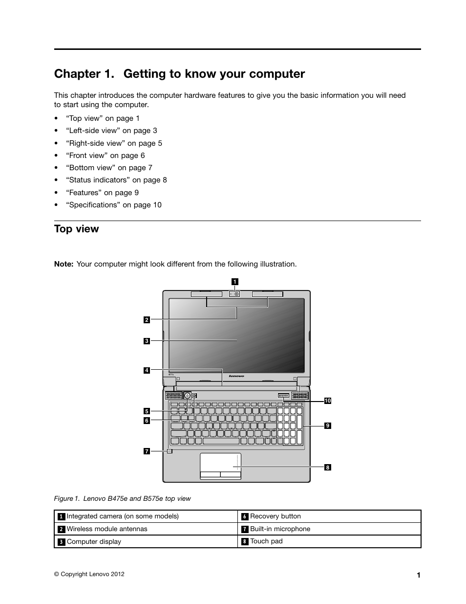 Chapter 1. getting to know your computer, Top view | Lenovo B575e Notebook User Manual | Page 15 / 87