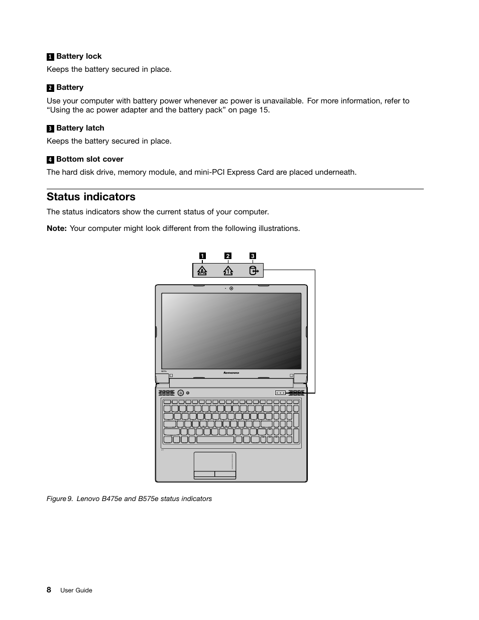 Status indicators | Lenovo B575e Notebook User Manual | Page 22 / 87