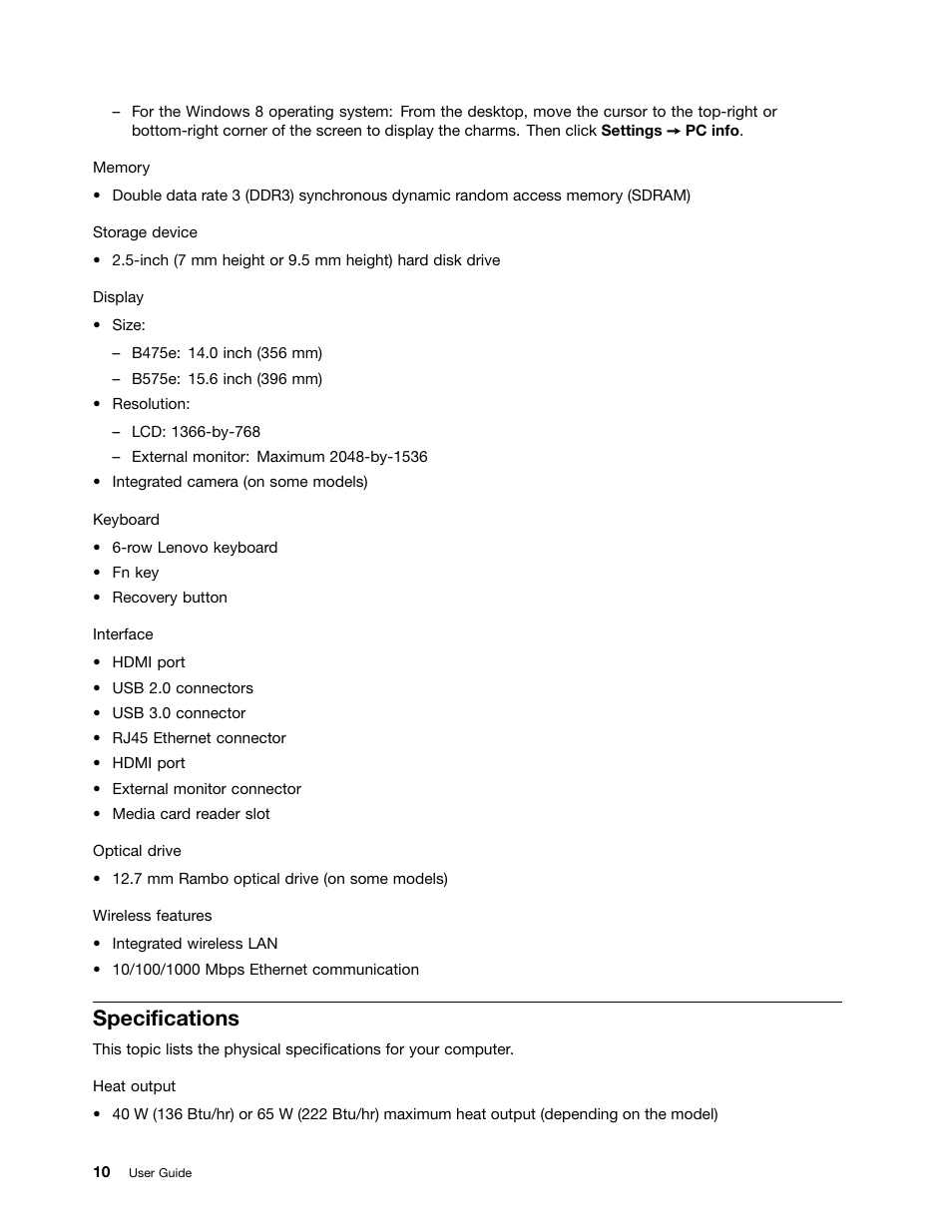 Specifications | Lenovo B575e Notebook User Manual | Page 24 / 87