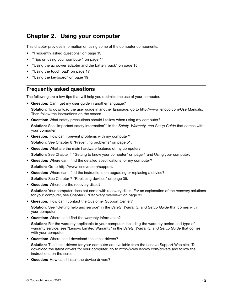 Chapter 2. using your computer, Frequently asked questions | Lenovo B575e Notebook User Manual | Page 27 / 87