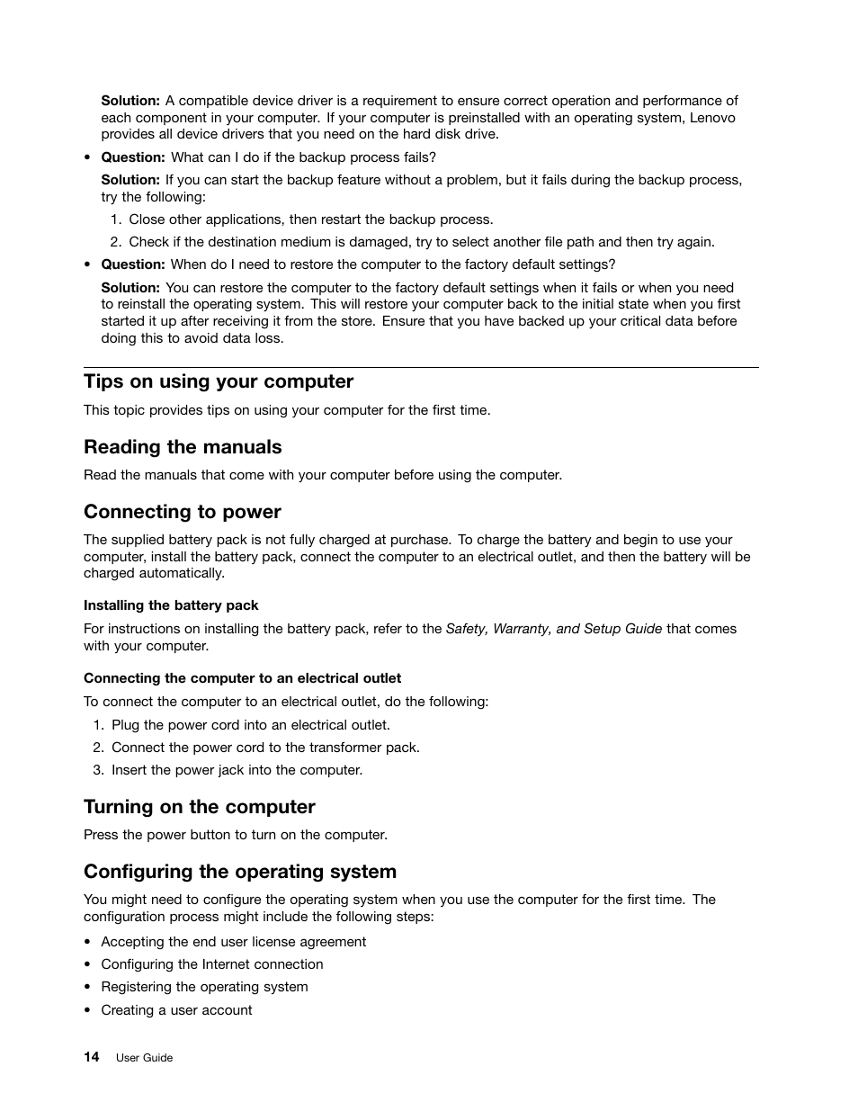 Tips on using your computer, Reading the manuals, Connecting to power | Turning on the computer, Configuring the operating system | Lenovo B575e Notebook User Manual | Page 28 / 87