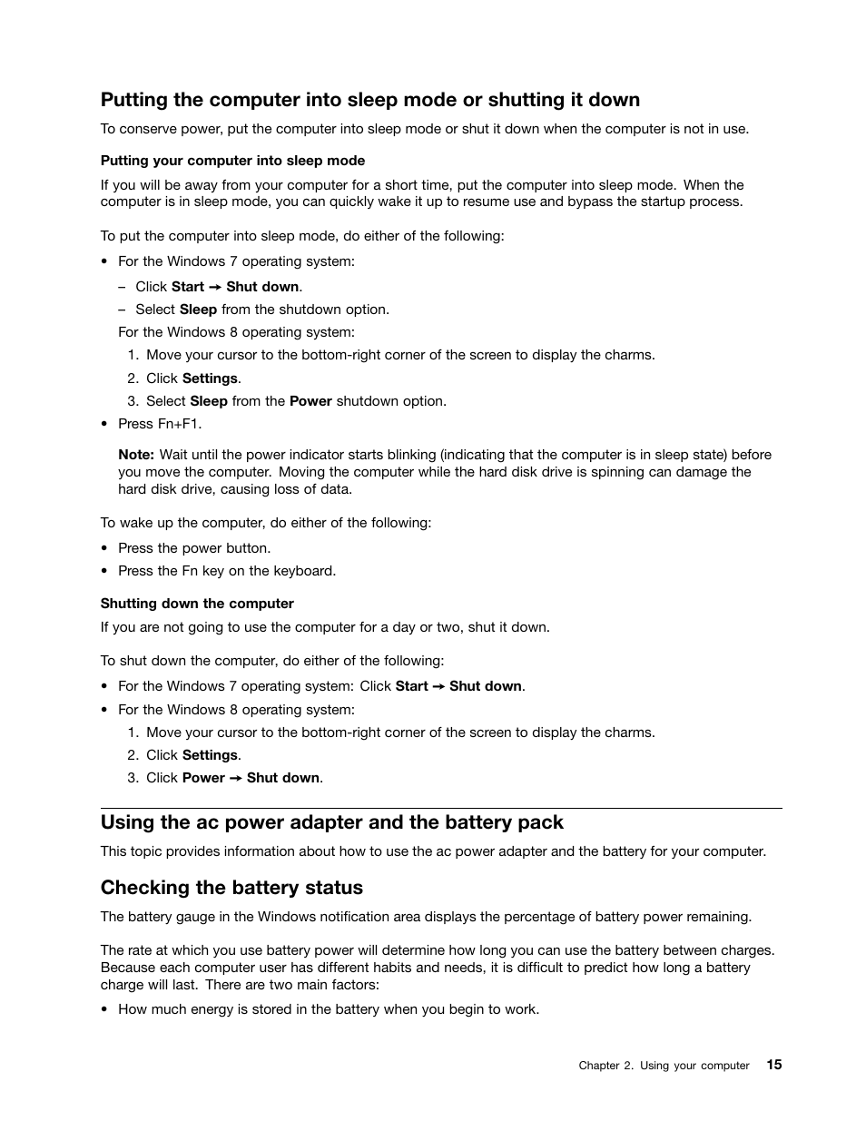 Using the ac power adapter and the battery pack, Checking the battery status | Lenovo B575e Notebook User Manual | Page 29 / 87
