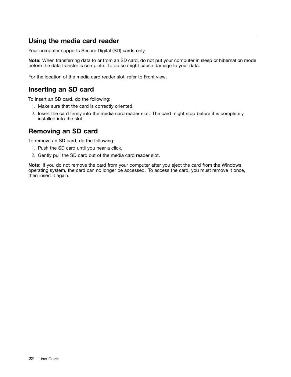 Using the media card reader, Inserting an sd card, Removing an sd card | Lenovo B575e Notebook User Manual | Page 36 / 87