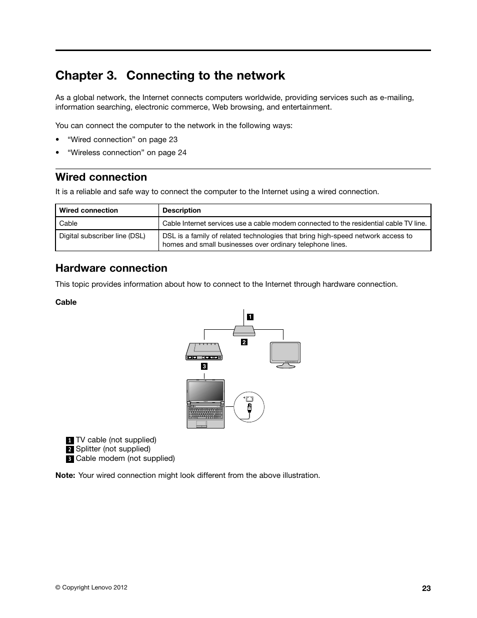 Chapter 3. connecting to the network, Wired connection, Hardware connection | Lenovo B575e Notebook User Manual | Page 37 / 87