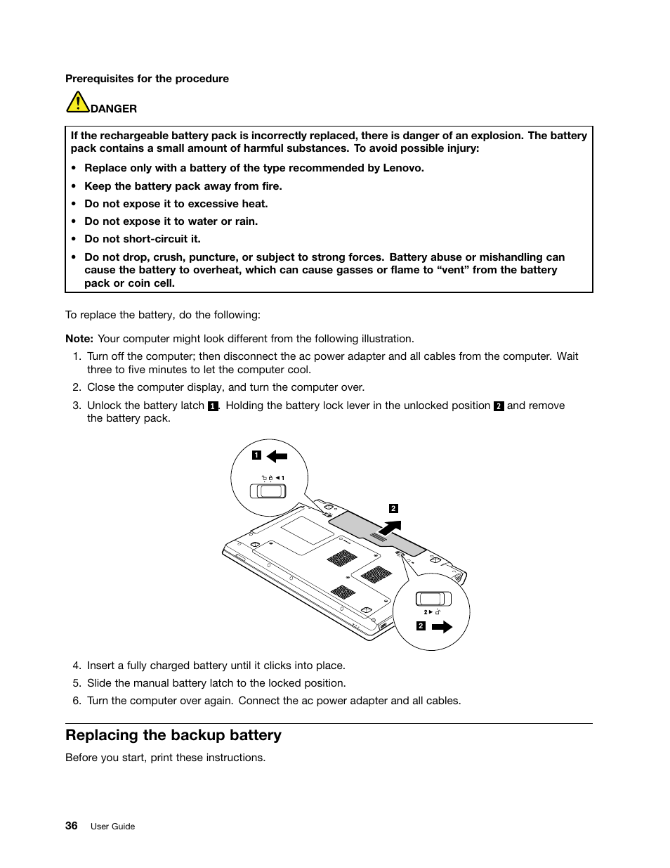 Replacing the backup battery | Lenovo B575e Notebook User Manual | Page 50 / 87