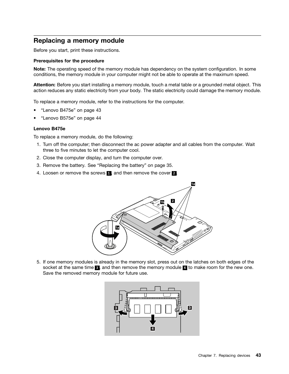 Replacing a memory module | Lenovo B575e Notebook User Manual | Page 57 / 87