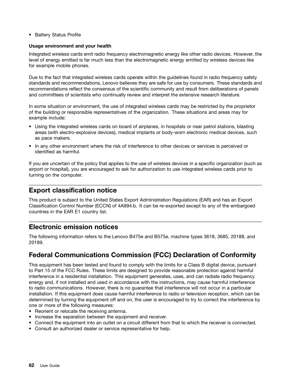 Export classification notice, Electronic emission notices | Lenovo B575e Notebook User Manual | Page 76 / 87