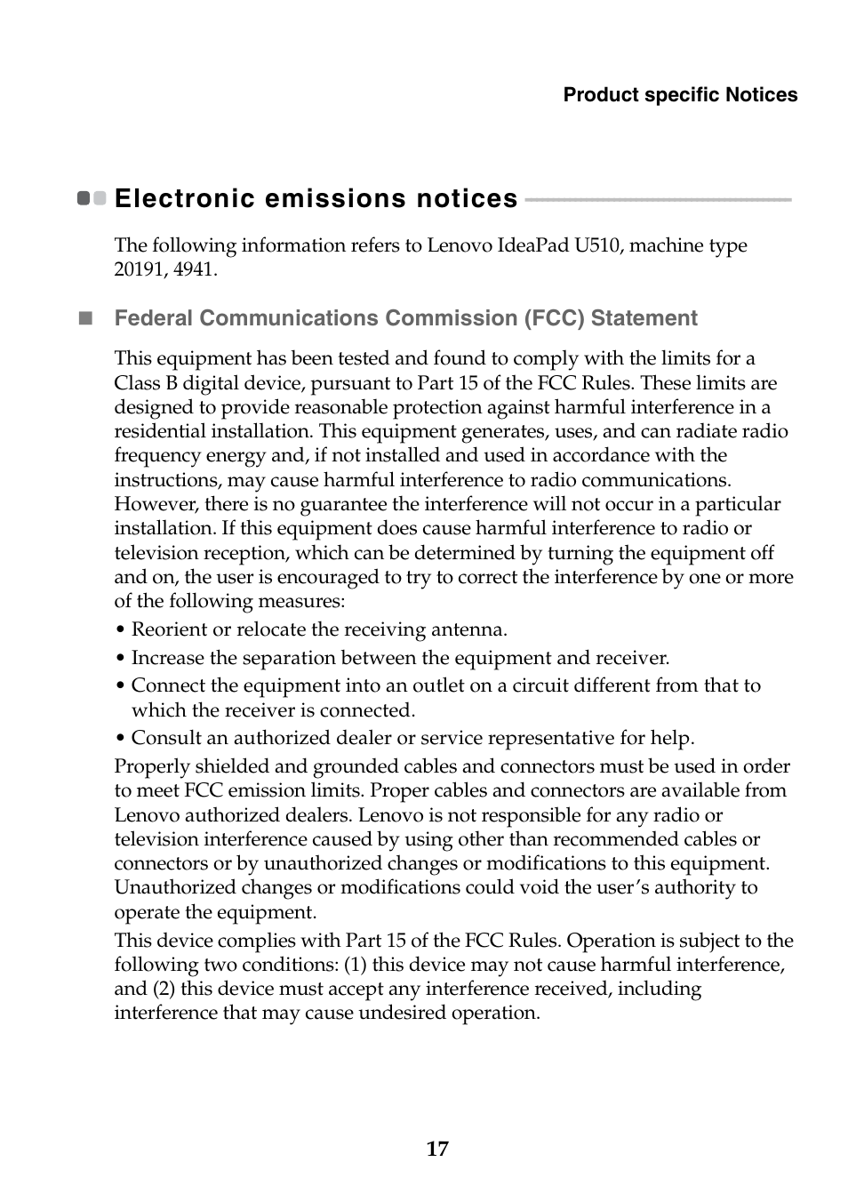 Electronic emissions notices | Lenovo IdeaPad U510 Notebook User Manual | Page 17 / 24