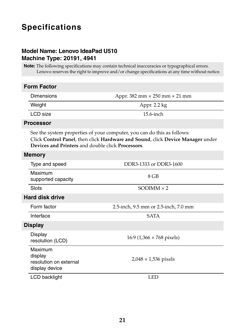 Specifications | Lenovo IdeaPad U510 Notebook User Manual | Page 21 / 24