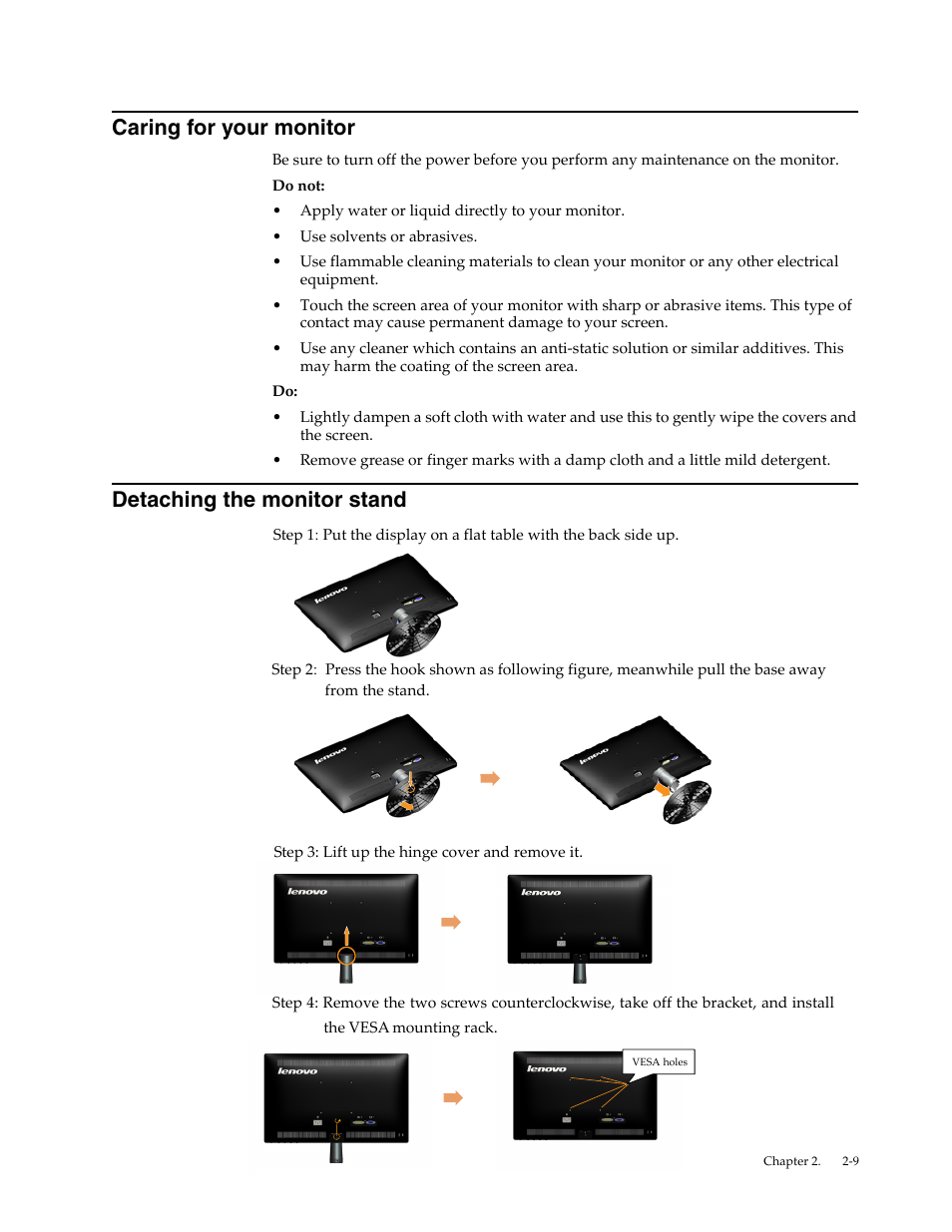 Caring for your monitor, Detaching the monitor stand, Detaching the monitor stand -9 | Lenovo LI2241 Wide LCD Monitor User Manual | Page 18 / 27