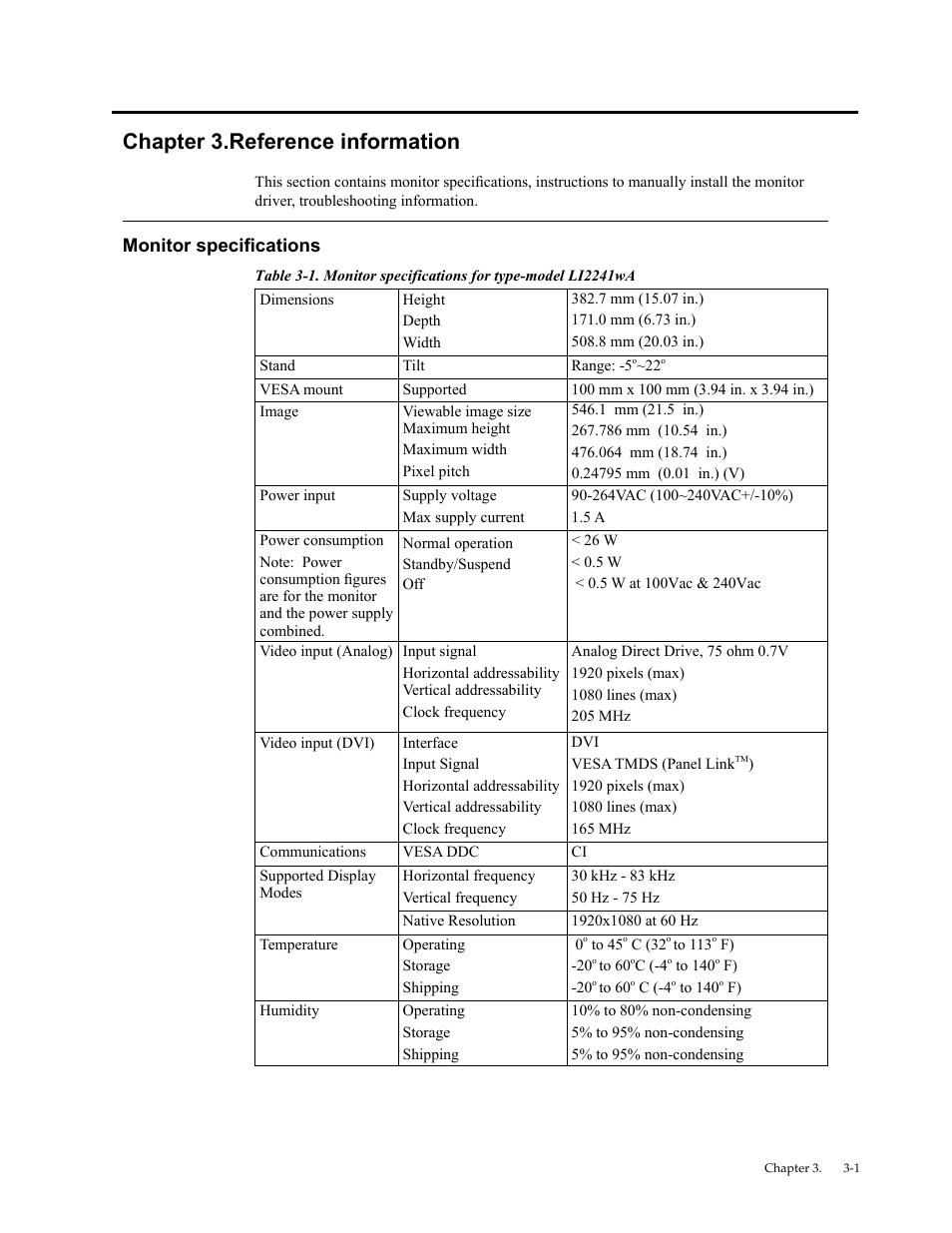 Chapter 3. reference information, Monitor specifications, Monitor specifications -1 | Chapter 3.reference information | Lenovo LI2241 Wide LCD Monitor User Manual | Page 19 / 27