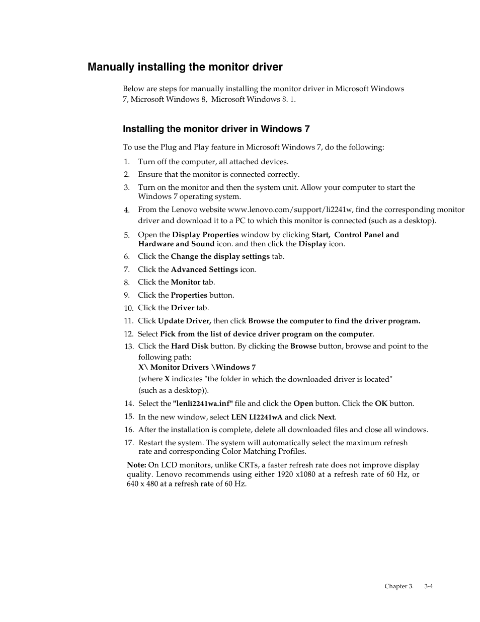 Manually installing the monitor driver, Installing the monitor driver in windows 7 | Lenovo LI2241 Wide LCD Monitor User Manual | Page 22 / 27